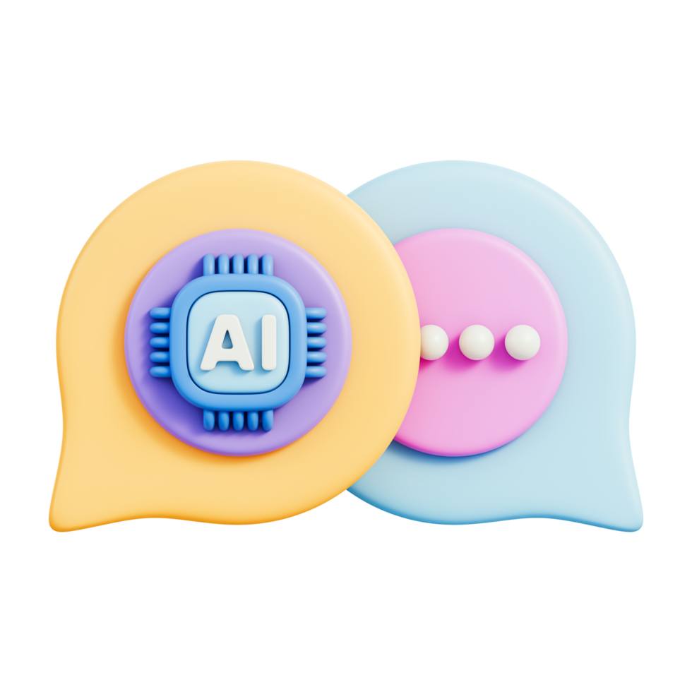 AI chatbot chat bubbles with typing dots and chip, neural language model, machine learning assistant, customer support messaging and reply system, app UI communication, 3d illustration png