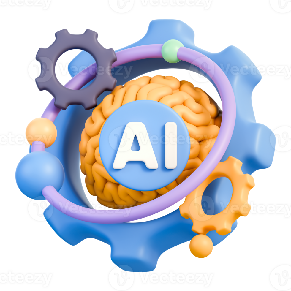 AI brain with neural network inside gear and orbit rings, machine learning symbol, digital cognition, data processing and automation system for research and technology, 3d illustration png