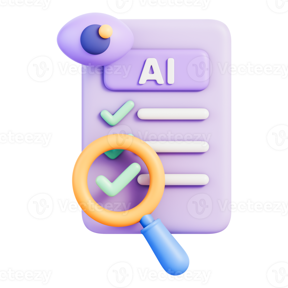 AI checklist document with checkmarks, magnifying glass and eye for audit, verification, compliance review, quality control inspection, approval workflow, monitoring, 3d illustration png