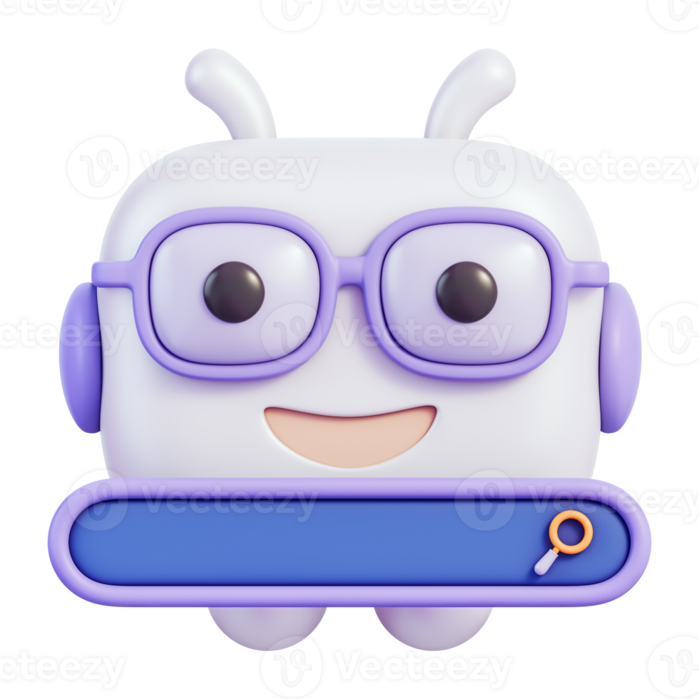 AI chatbot robot face with glasses and search bar icon, virtual assistant for chat and messaging, conversation support and replies, app UI for communication, avatar character, 3d illustration png