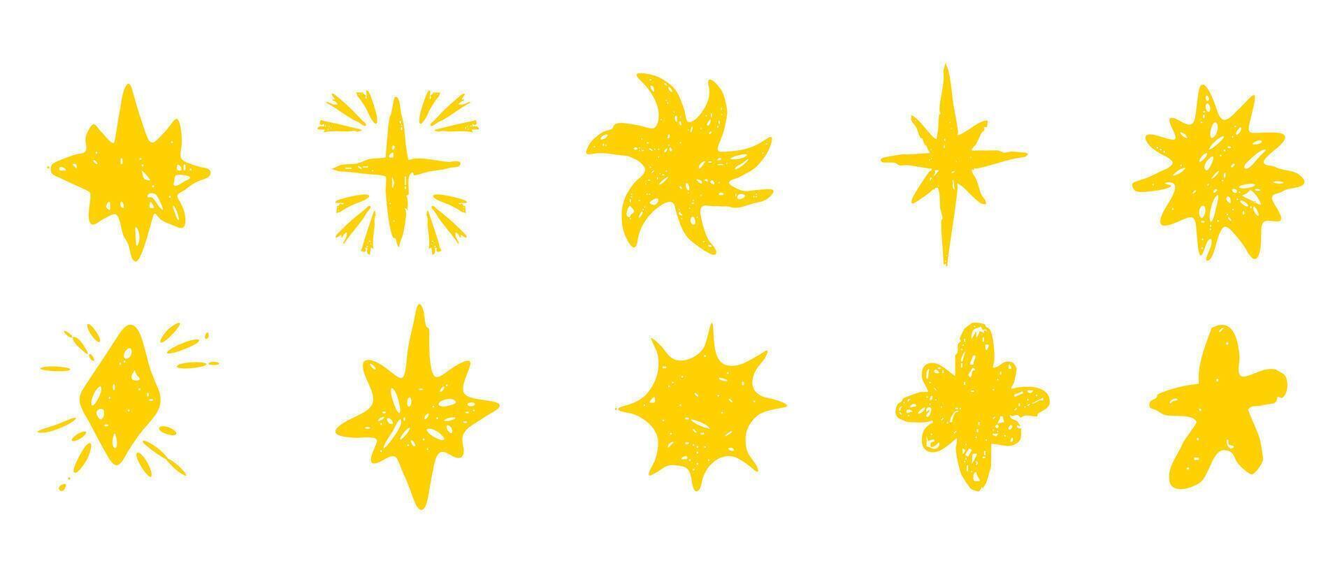 Star crayon chalk pencil crayon hand drawn scribble sketch or doodle design element. Textured sparkle figure school scribble bg. Crayon twinkle blink, firework, glitter silhouette and glowing symbols vector