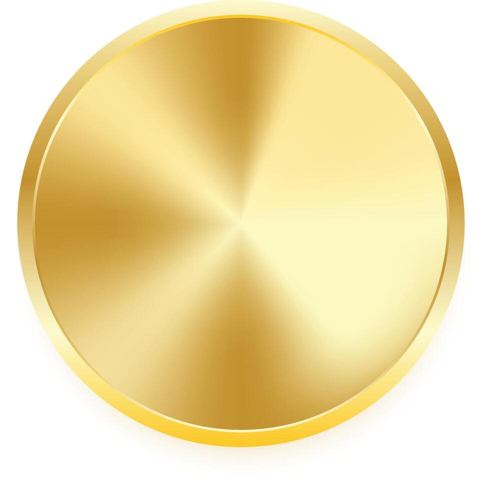 Golden metallic circle with shiny gradient effect, isolated on transparent background. Elegant round gold button design, perfect for medals, coins, badges, luxury branding, and digital templates vector
