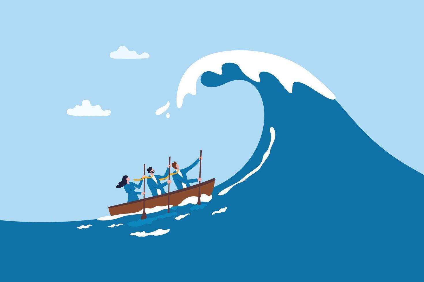 Big risk problem, danger or challenge, fear of crisis or disaster, courage or determination to overcome problem, vulnerability or hopelessness concept, business people face big wave danger problem. vector