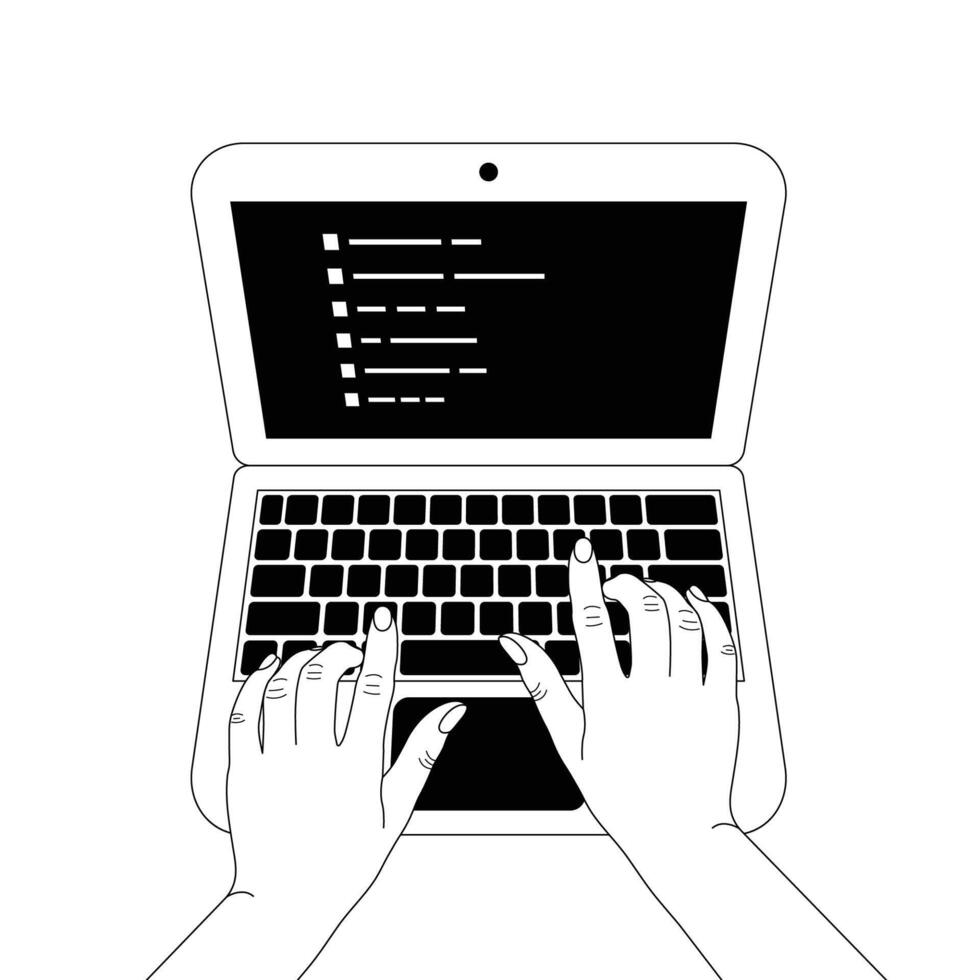 A laptop displaying code with hands typing, symbolizing programming and software development. vector