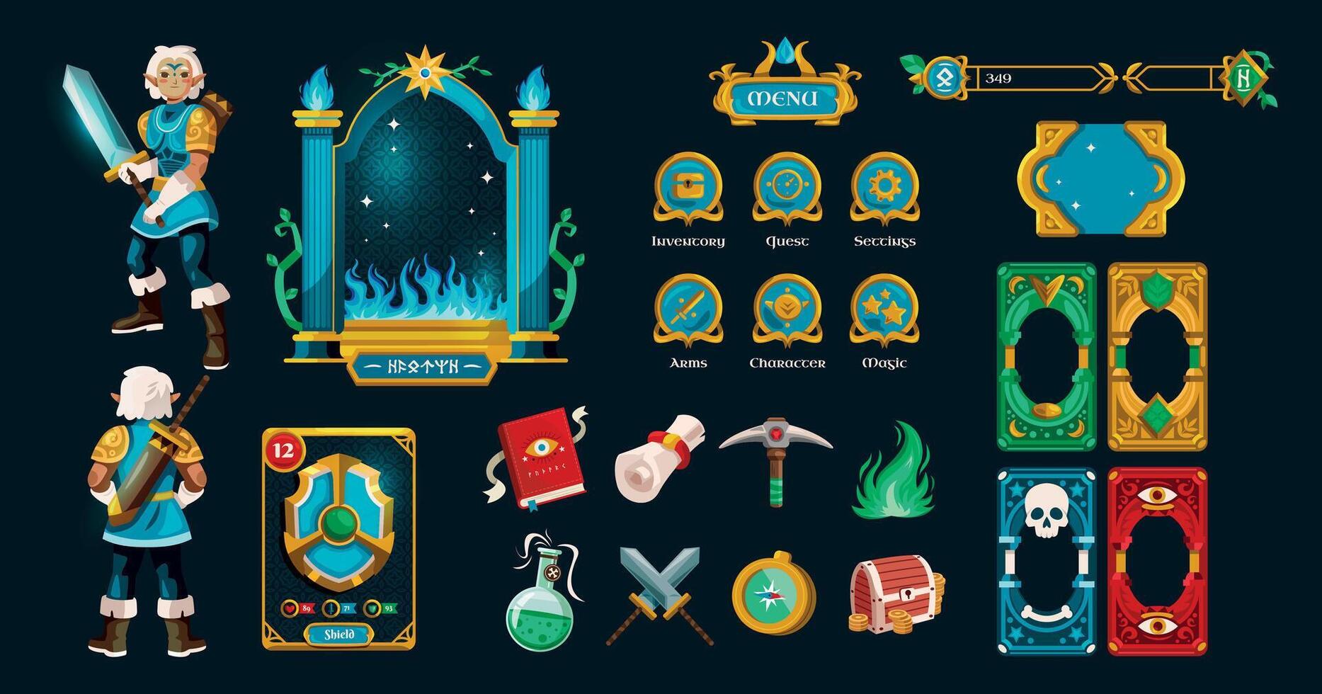Fantasy game character and interface assets vector