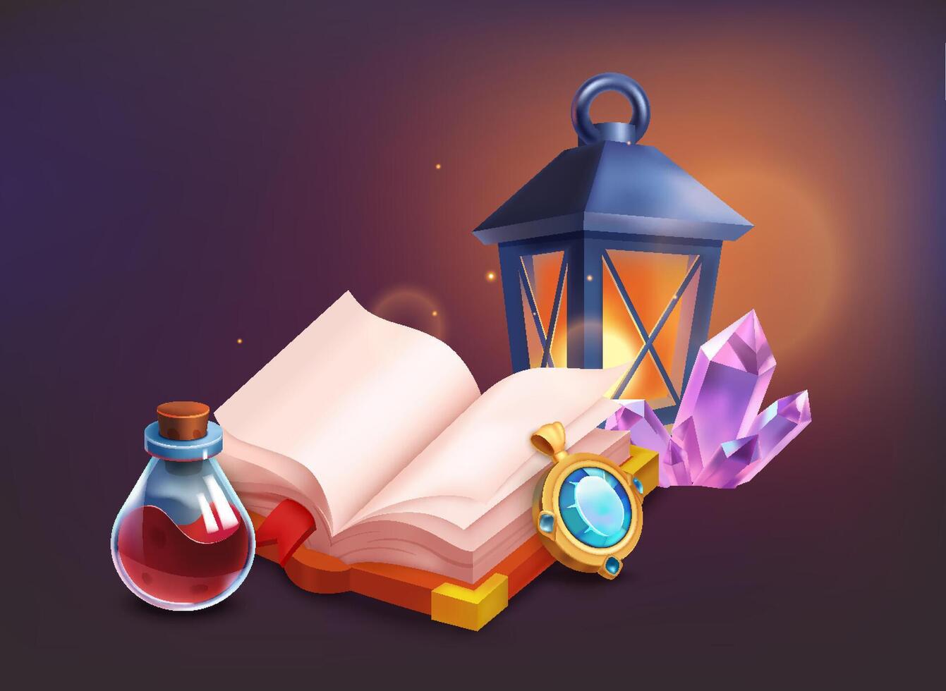 Magical book, potion, lantern, and crystals vector