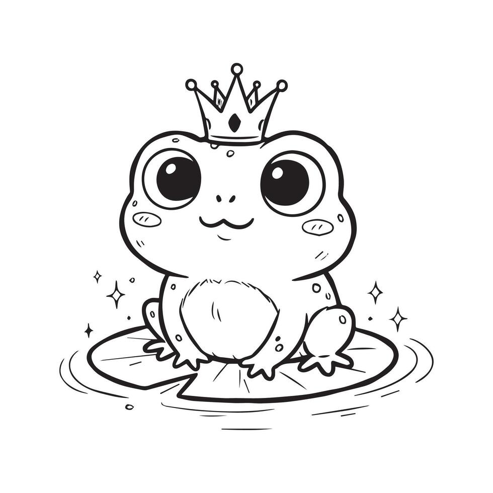 Cute Cartoon Frog Prince in Small Crown Sitting on Lily Pad vector