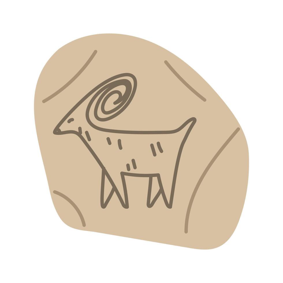 stone with an animal painted by Native Americans in a colored flat style. fragment of stone with primitive goat pattern. Hunting, animal husbandry. isolated object. Nomadic lifestyle. American Indians vector