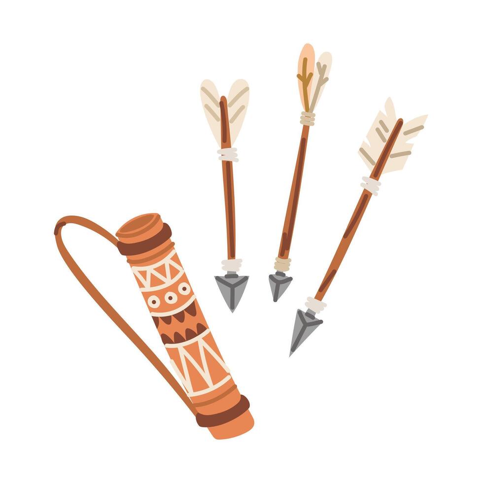 set of various arrows and a leather case in a colorful flat style, history of the Indians. Hunting weapons. Wooden arrows with sharp homemade tips. isolated object. nomadic lifestyle. American Indians vector