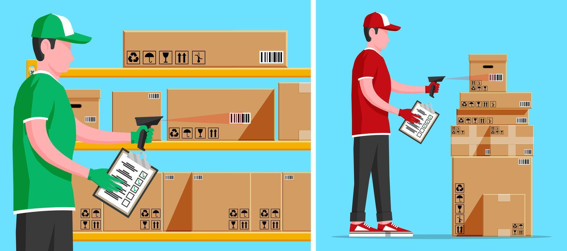 Man with barcode scanner check boxes in warehouse vector