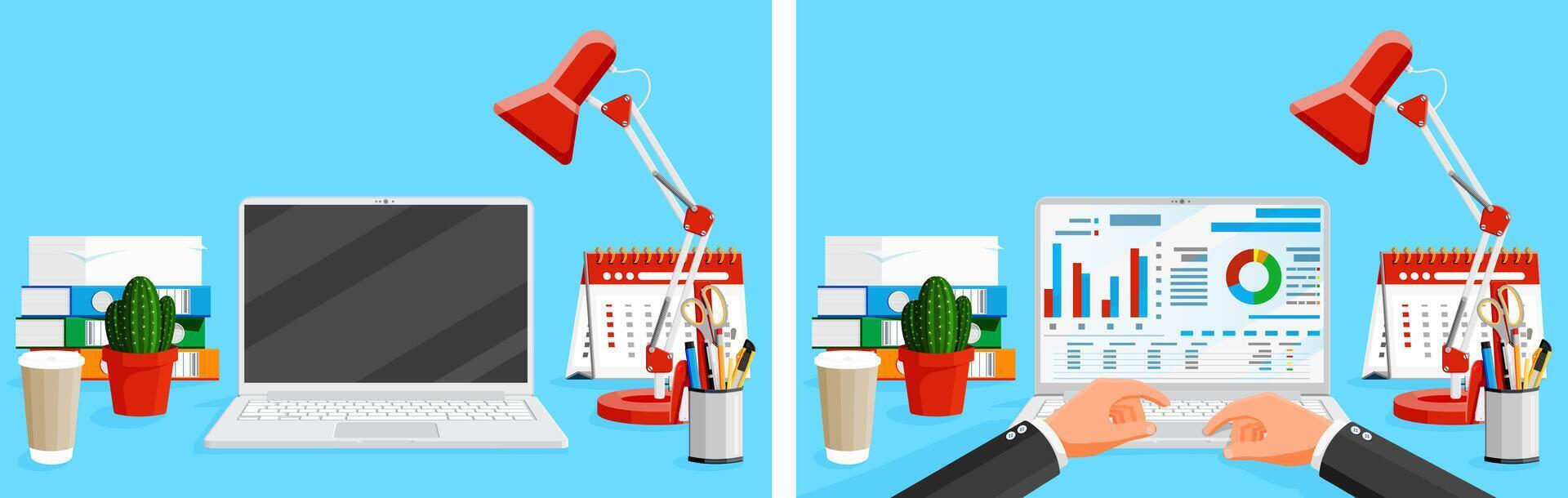 Man typing on laptop with business charts vector