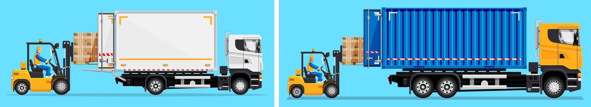 Forklift loading truck containers with pallets vector