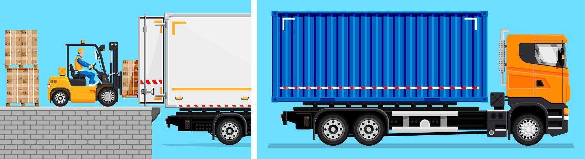 Forklift loading truck container vector