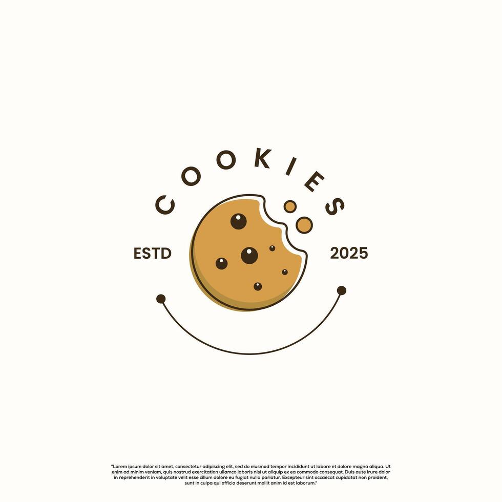 Minimalist logo of a bitten chocolate chip cookie with text and dates, for bakeries. vector