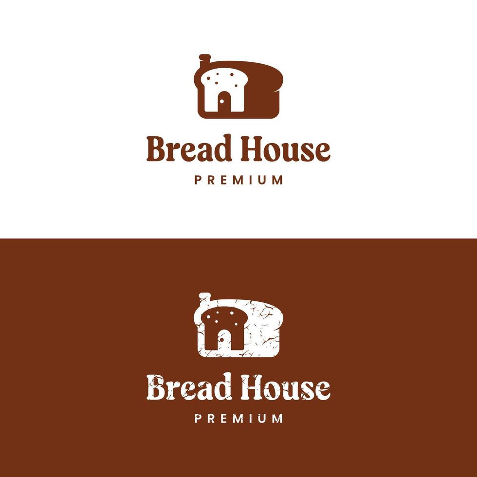 Minimalist and rustic logo design of a slice of bread shaped like a house, suitable for a bakery, cafe, or artisanal bread company. Available in smooth and cracked texture variations. vector