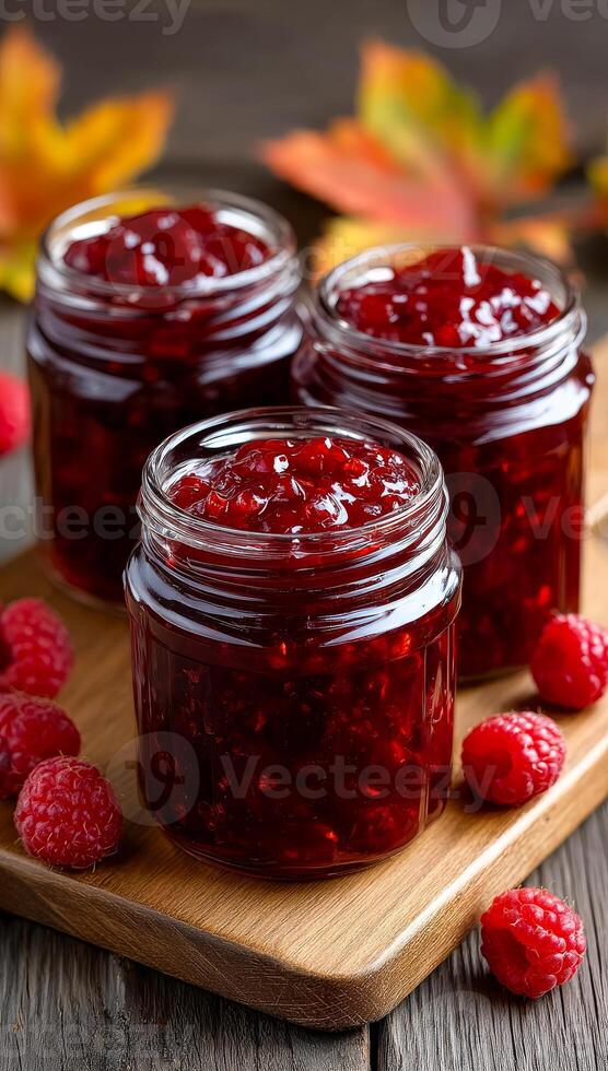 Fresh raspberry jam in glass jars. Three jars of vibrant raspberry jam rest on a wooden board, surrounded by fresh raspberries and autumn leaves. photo