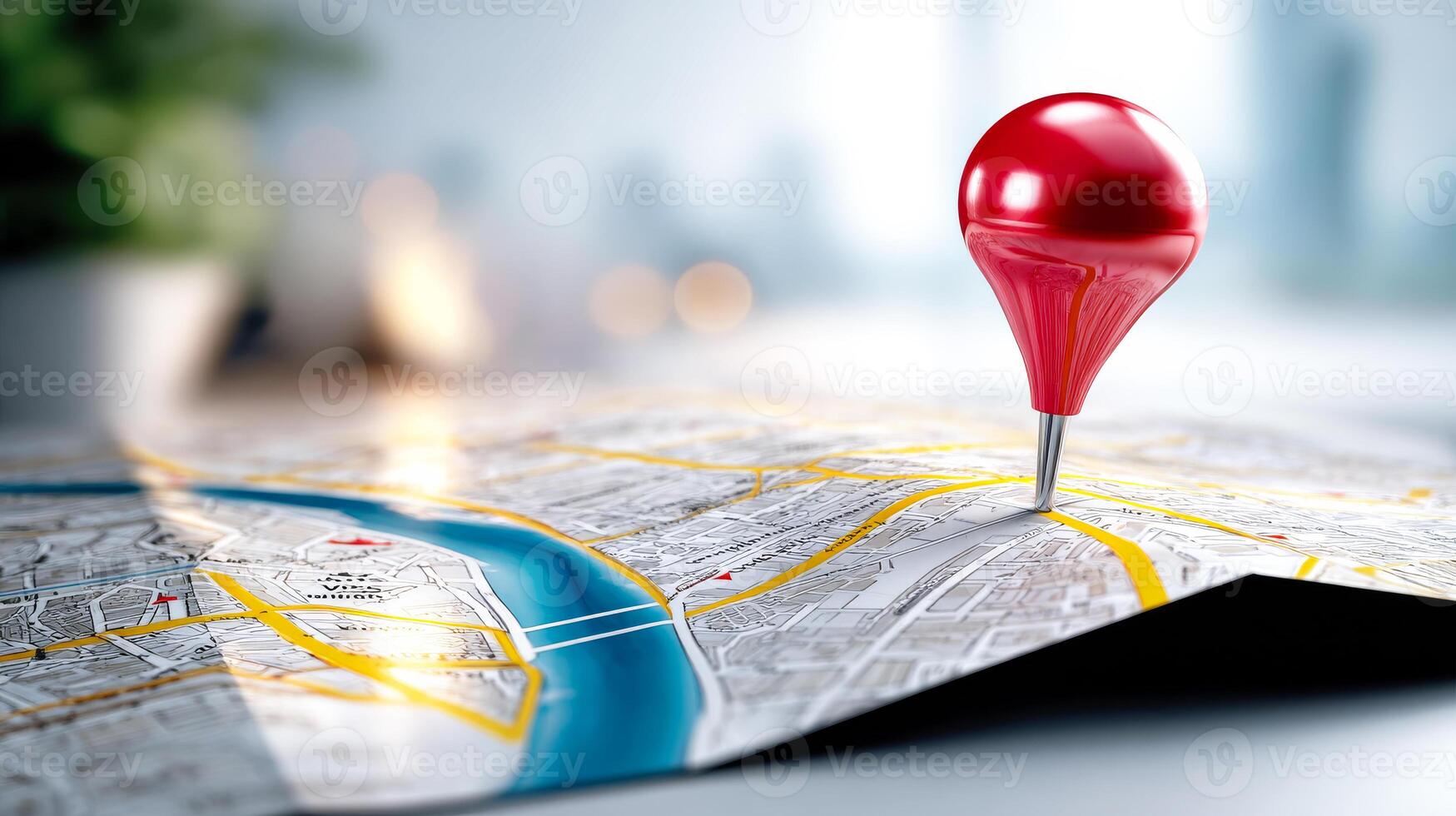 Map pin highlighting a spot. A bright red location pin sits on a detailed city map indoors, emphasizing a specific area while sunlight streams in. photo
