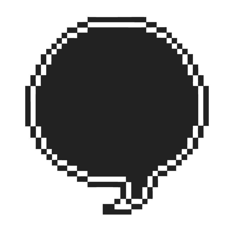 Pixelated comic speech bubble retro black and white dialog cloud with pixel border, 8 bit digital conversation space vector