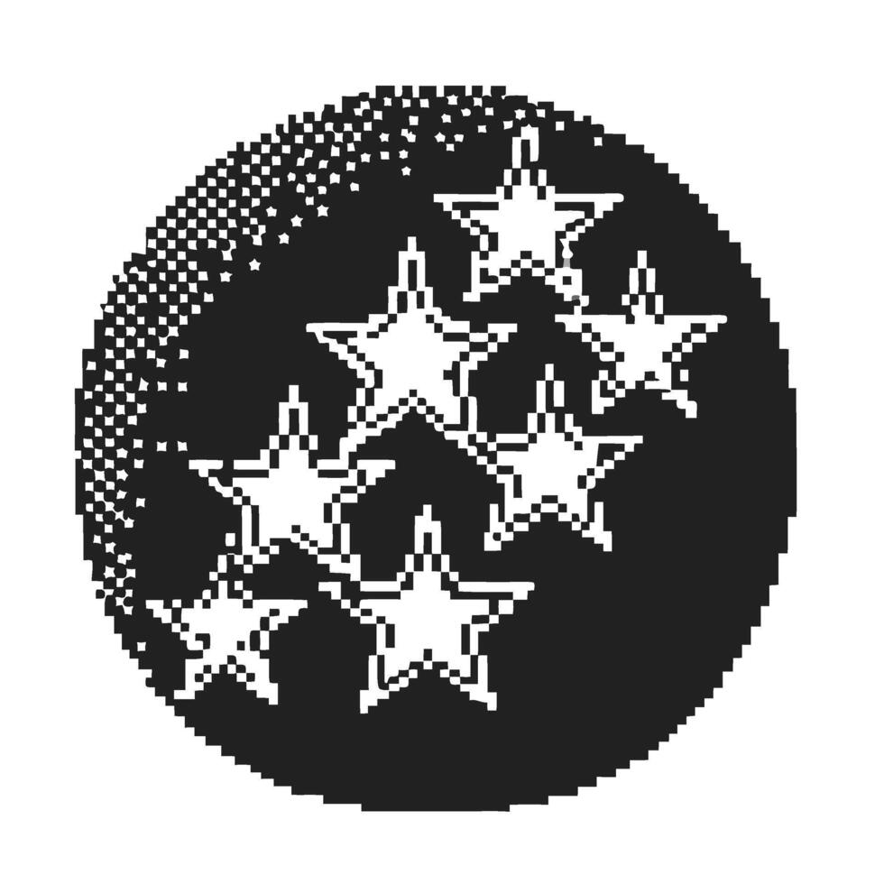 Pixelated star cluster in circular pattern retro 8 bit style, minimalist black and white icon, cosmic night sky element vector