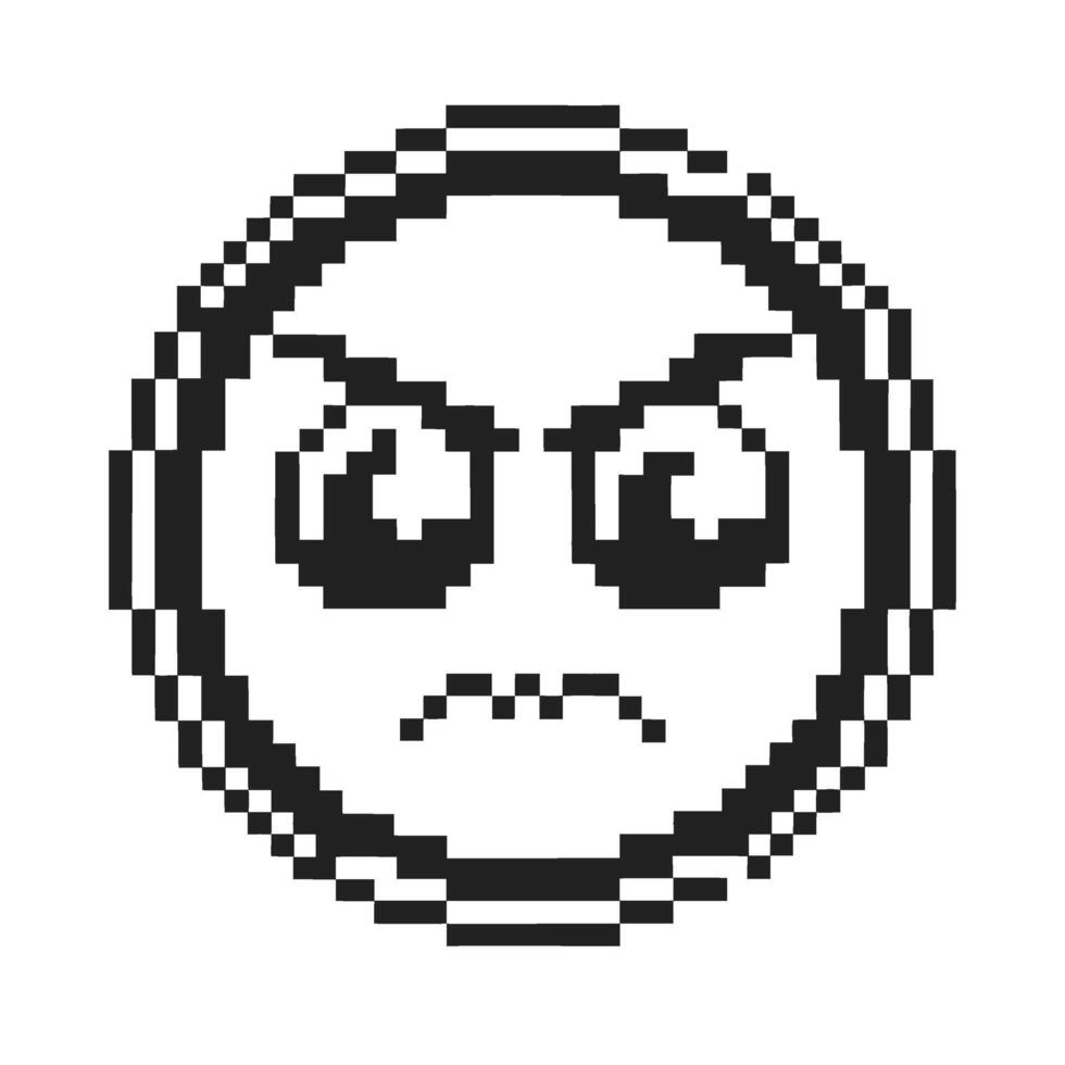 Pixelated angry face emoticon retro 8 bit frowning expression, digital emotion icon, monochrome graphic vector