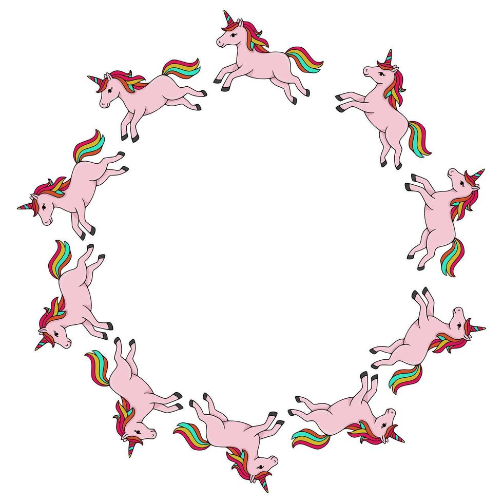 Whimsical frame of playful pink unicorns with rainbow manes and tails in dynamic poses, creating a magical circular composition. vector