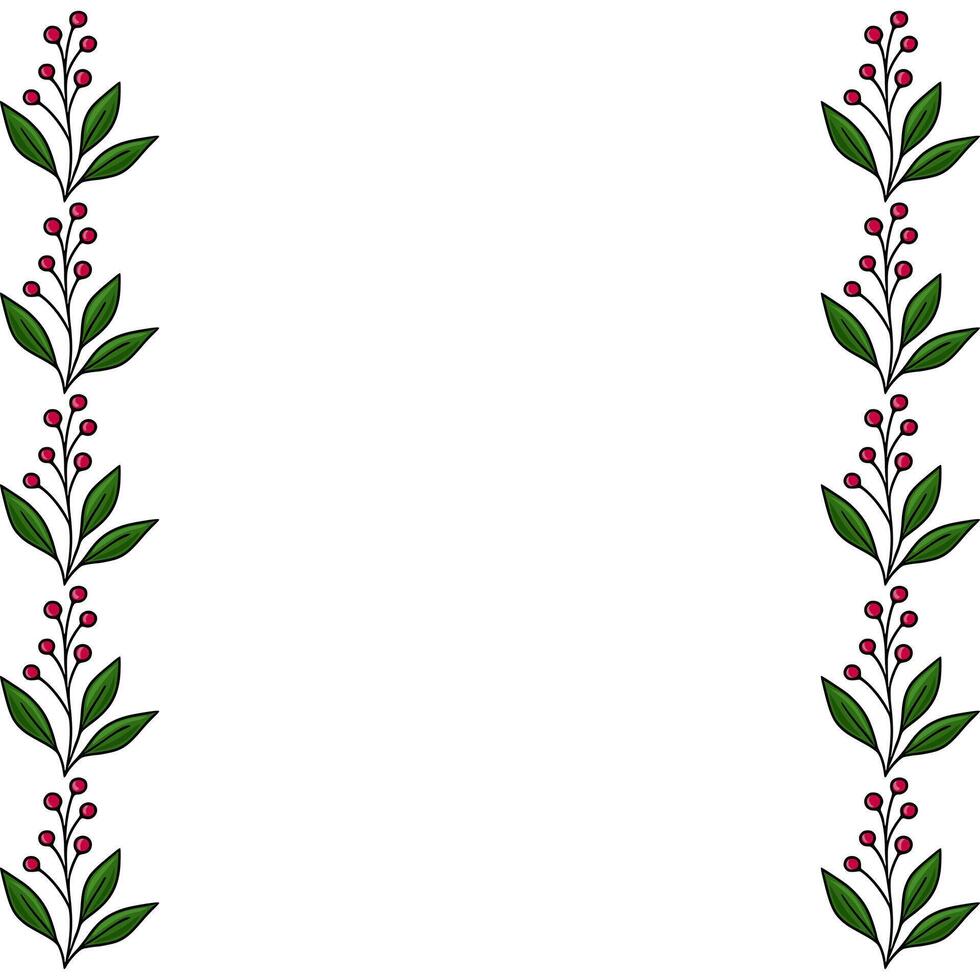 Vertical border with repeating branches of red berries and green leaves on a white background. vector