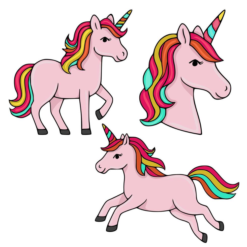Collection of three charming pink unicorns with rainbow manes and horns, depicted in various poses including a full body standing, a headshot, and a dynamic running stance, all rendered as clean ve... vector