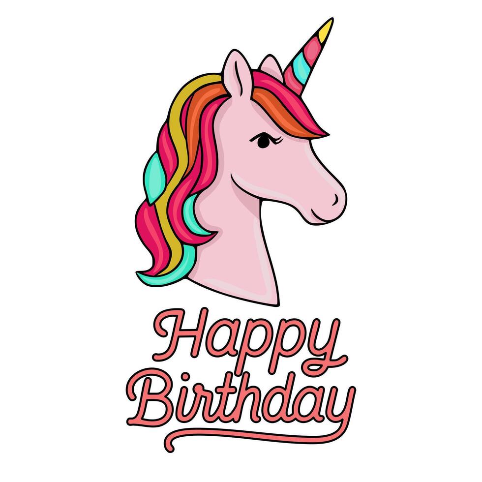 Whimsical illustration of a pink unicorn head with a rainbow mane and horn, accompanied by Happy Birthday text in a script font. vector