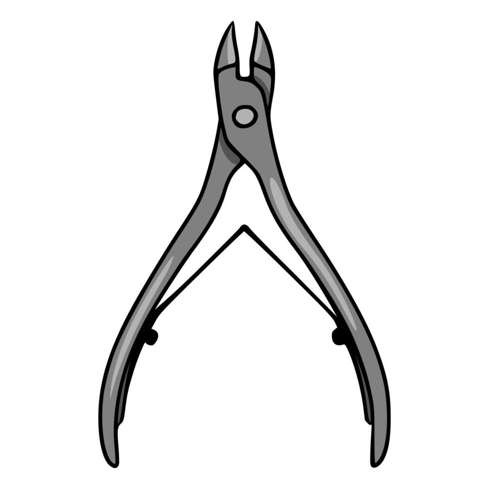 A clean, minimalist illustration of a single cuticle nipper tool with sharp blades and a spring mechanism, rendered in grayscale with bold black outlines, ideal for beauty or cosmetic servic... vector