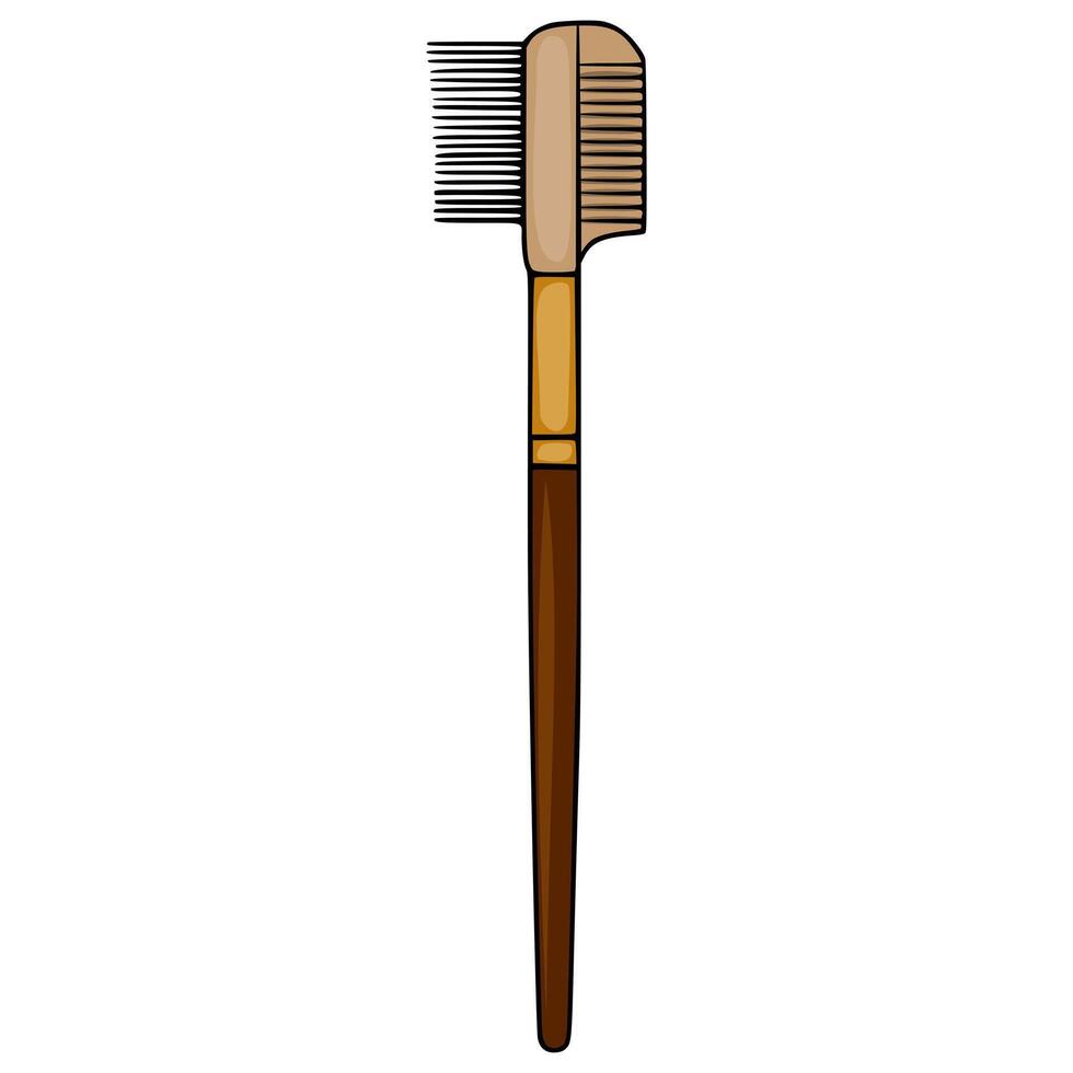 A stylized illustration of a dual-ended makeup brush featuring a comb on one side and a spoolie on the other, rendered with clean lines and a simple color palette of brown, beige, and black. vector