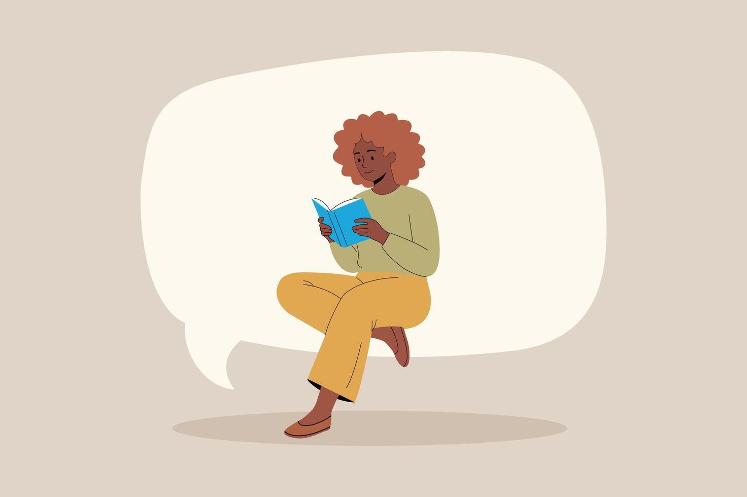 Art of a person sitting and reading a book inside a large speech bubble, conveying a sense of imagination or thought vector