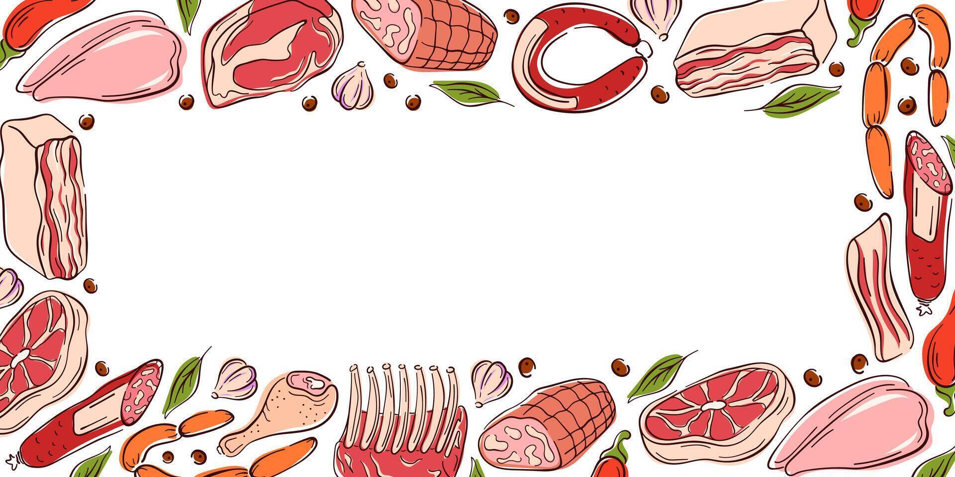 Border frame in flat style with different meats on a white background. Steak, sausage, ribs and vegetable. Ideal for culinary design, package or restaurant menu. vector