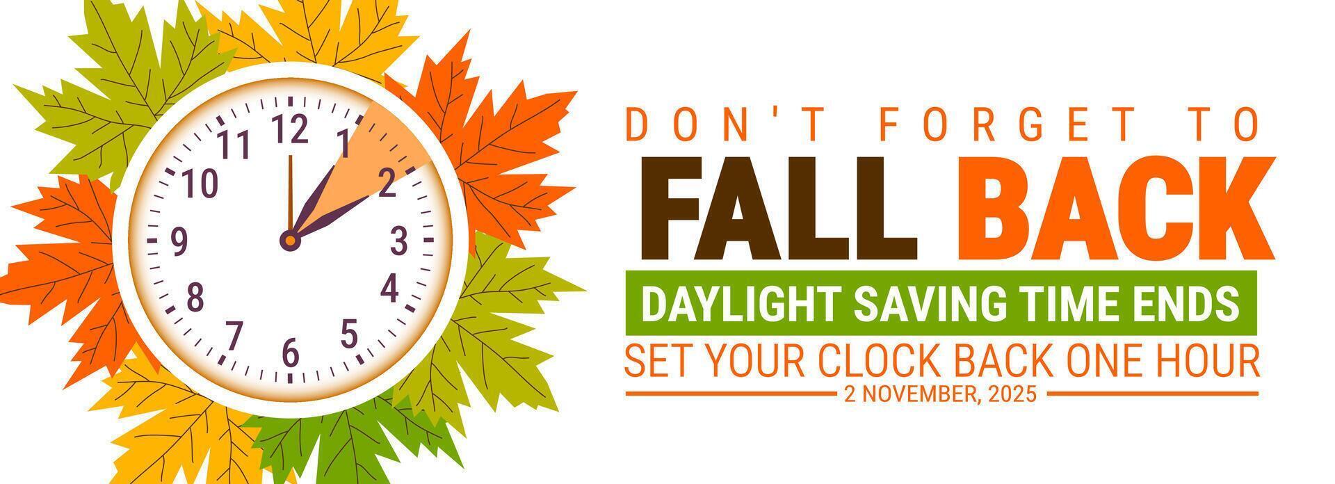 Fall Back. daylight saving time ends 2025 background or banner design template. Daylight Saving Time is Over. The clock turns back one hour on November 2 vector