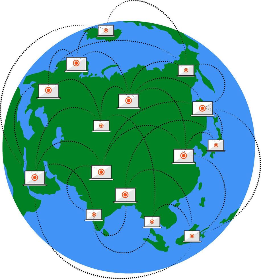 Infographic of blockchain technology with laptop computers on world map. Technology network security and crypto currency in the new economic. vector