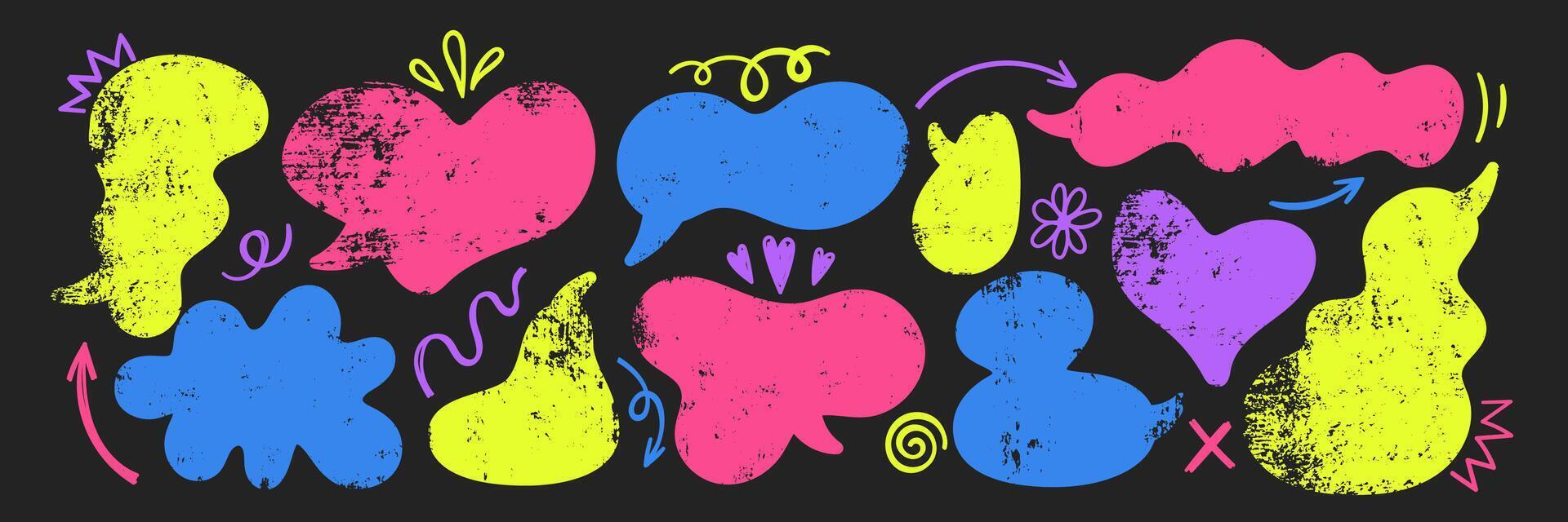 Set of text boxes, speech bubbles, arrow and swirl with crayon or chalk texture. Grunge illustration on the blackboard. vector