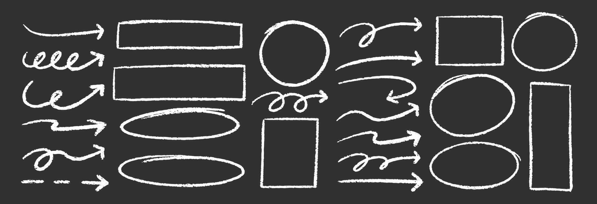 Set of arrows, ovals and rectangles with crayon, chalk and pastel texture. Handwritten design elements for study or diary. Black illustration on a blackboard. vector