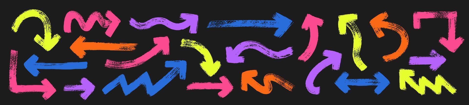 Set of grunge hand drawn arrows with paintbrush texture. Sketch ink design. Doodle abstract arrows in different directions. Color illustration on a blackboard. vector