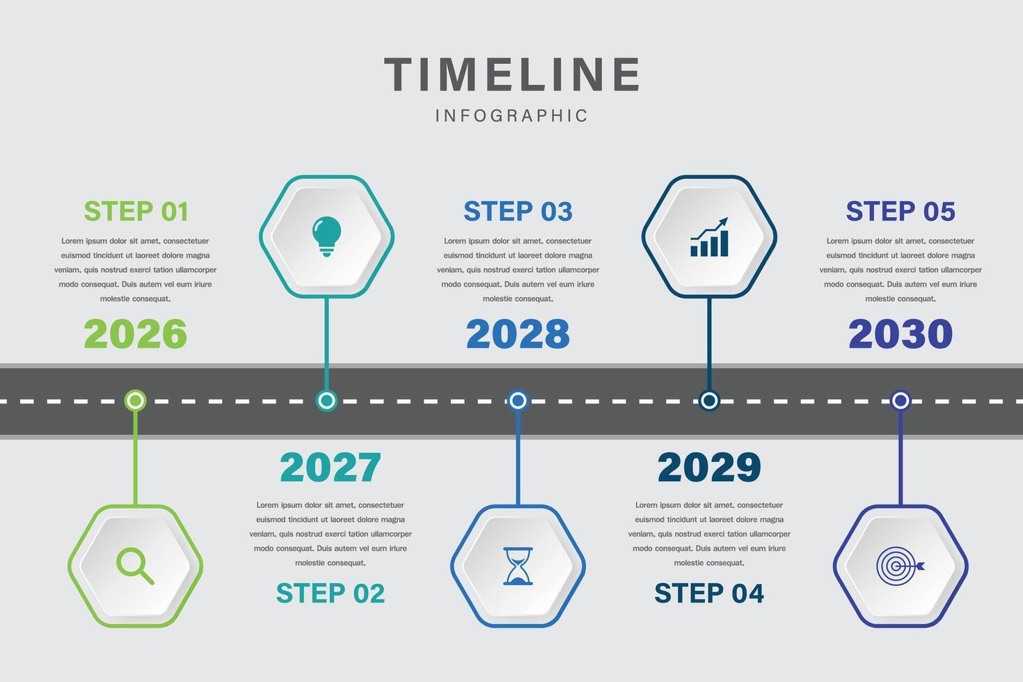 Horizontal Timeline Infographic with Icons and Steps from 2026 to 2030 vector