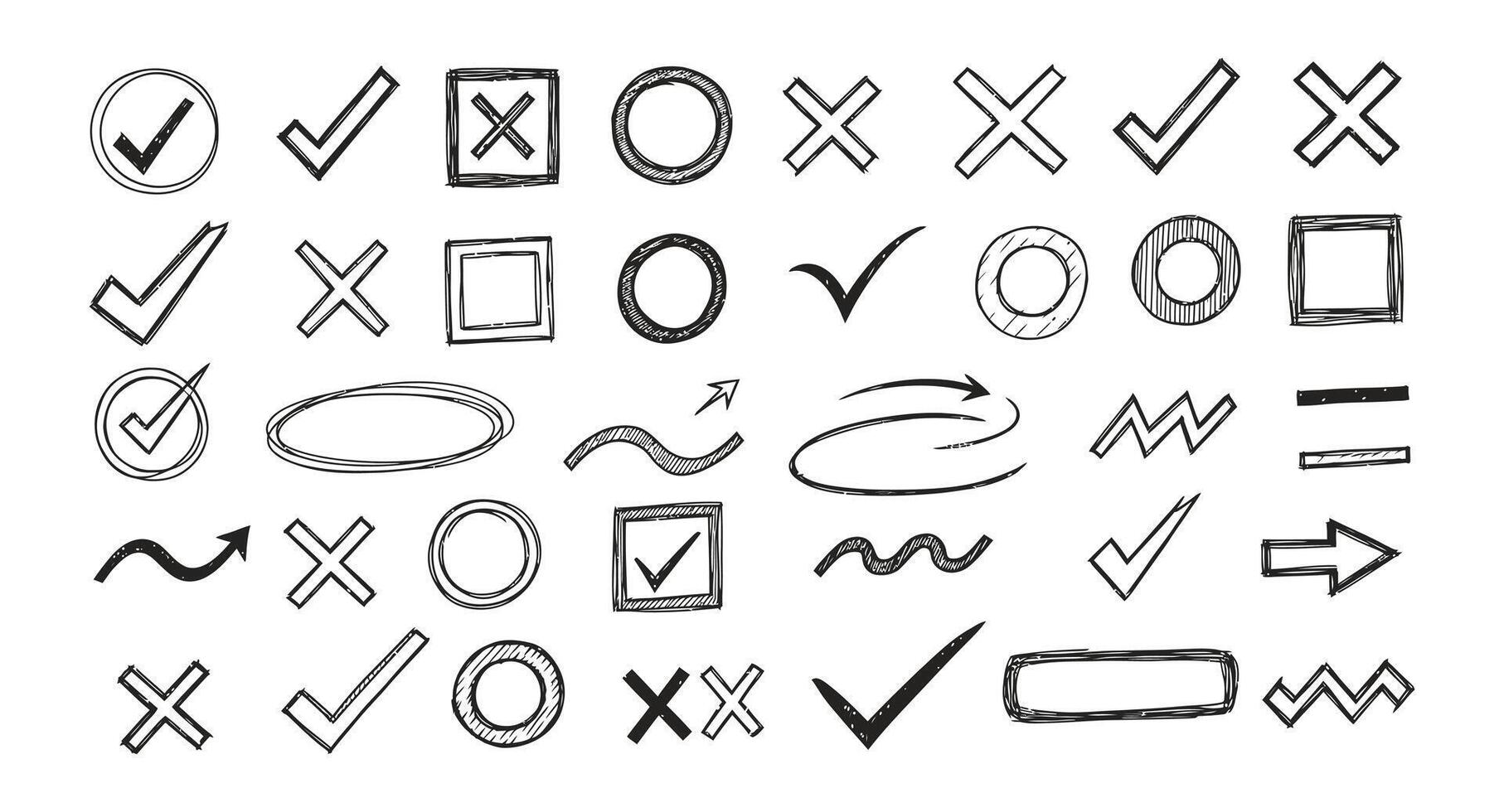 Hand drawn check marks x marks and shapes collection vector