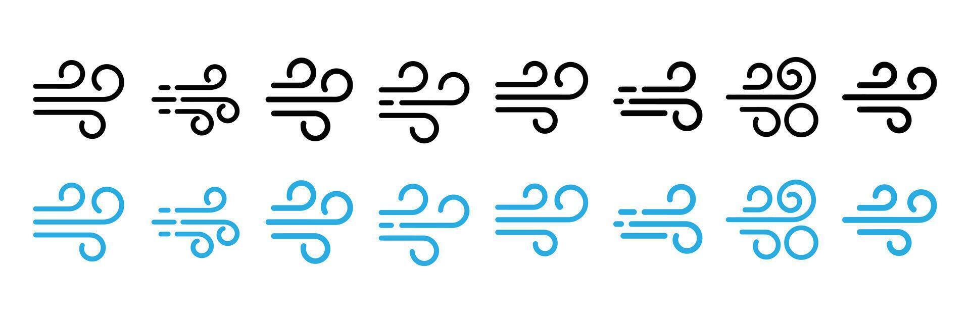 Wind icons set isolated on white background, breeze and air flow symbols vector