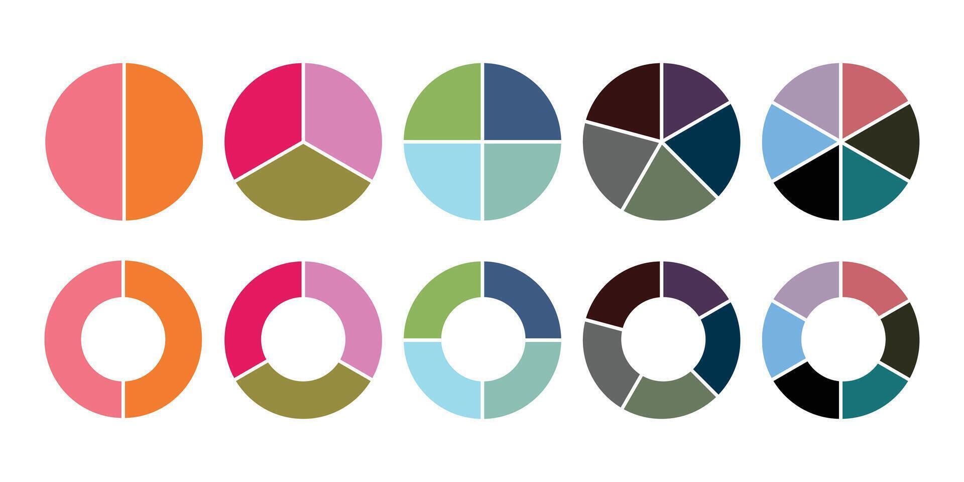 Colorful pie chart collection isolated on white background for data visualization vector