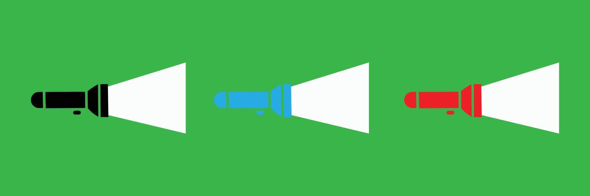 Set of flashlight icons with beam of light on green background vector