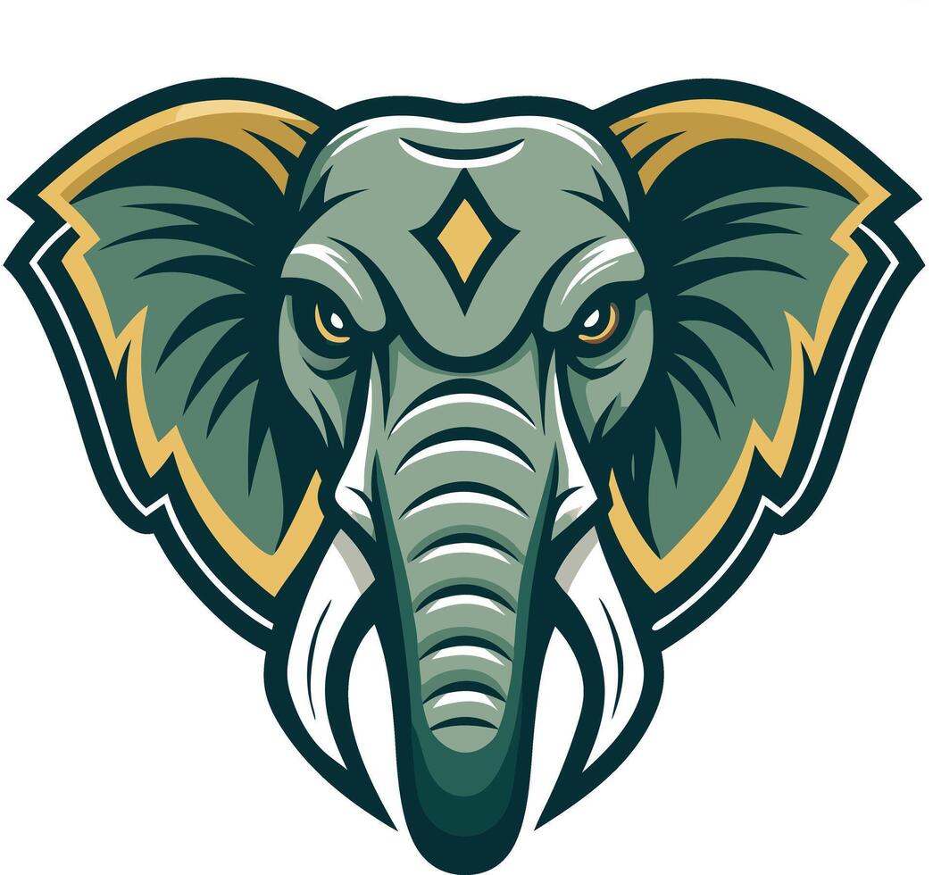 Illustration of an elephant head with large ears and tusks in a stylized emblem design format vector