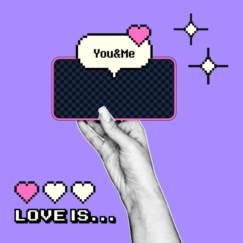 In the hand, a smartphone with a pink frame and a checkered case, featuring a halftone effect, stands out against the bright background thanks to the pixelated elements, conveying a retro romanticism. vector