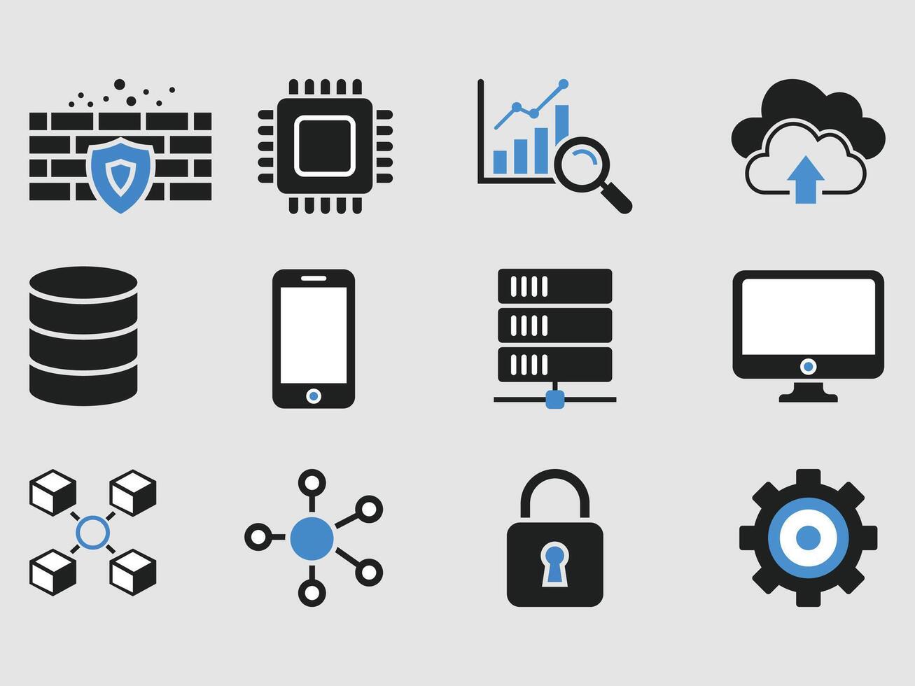 Flat Technology Icon Set Cybersecurity, Cloud, Database, Server, Mobile , Network vector
