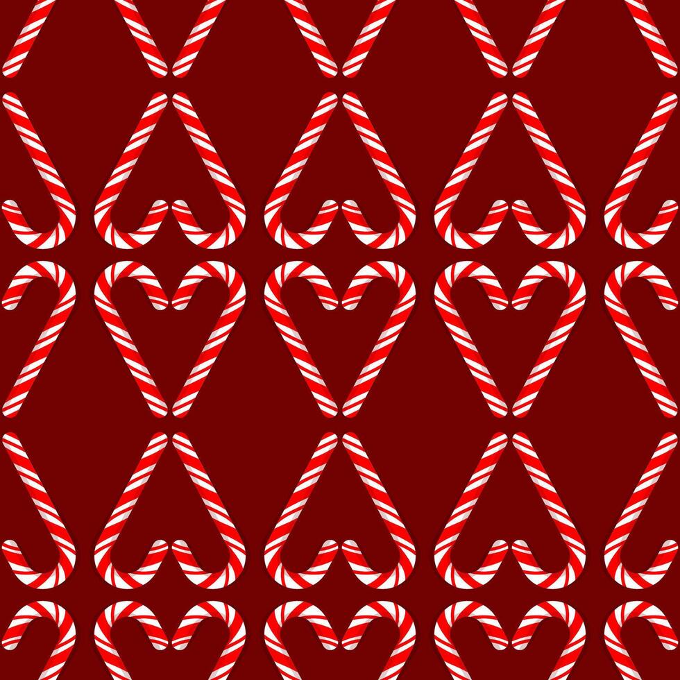 Seamless pattern of Christmas red and white striped sugar cane heart shaped checkerboard pattern on red background vector