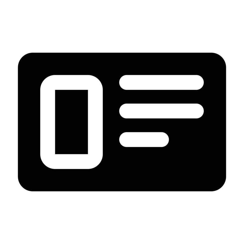 Solid black ID card illustration in minimal flat design, showing simple rectangular badge with detail line. Perfect for office, business, identity, and administration projects. vector