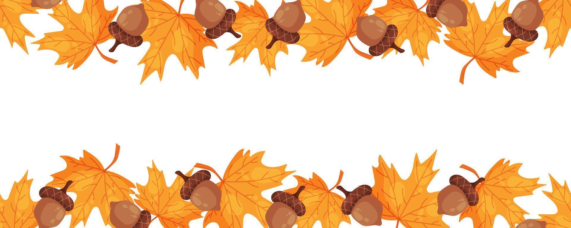 Seamless border with maple leaves and acorns on top and bottom vector