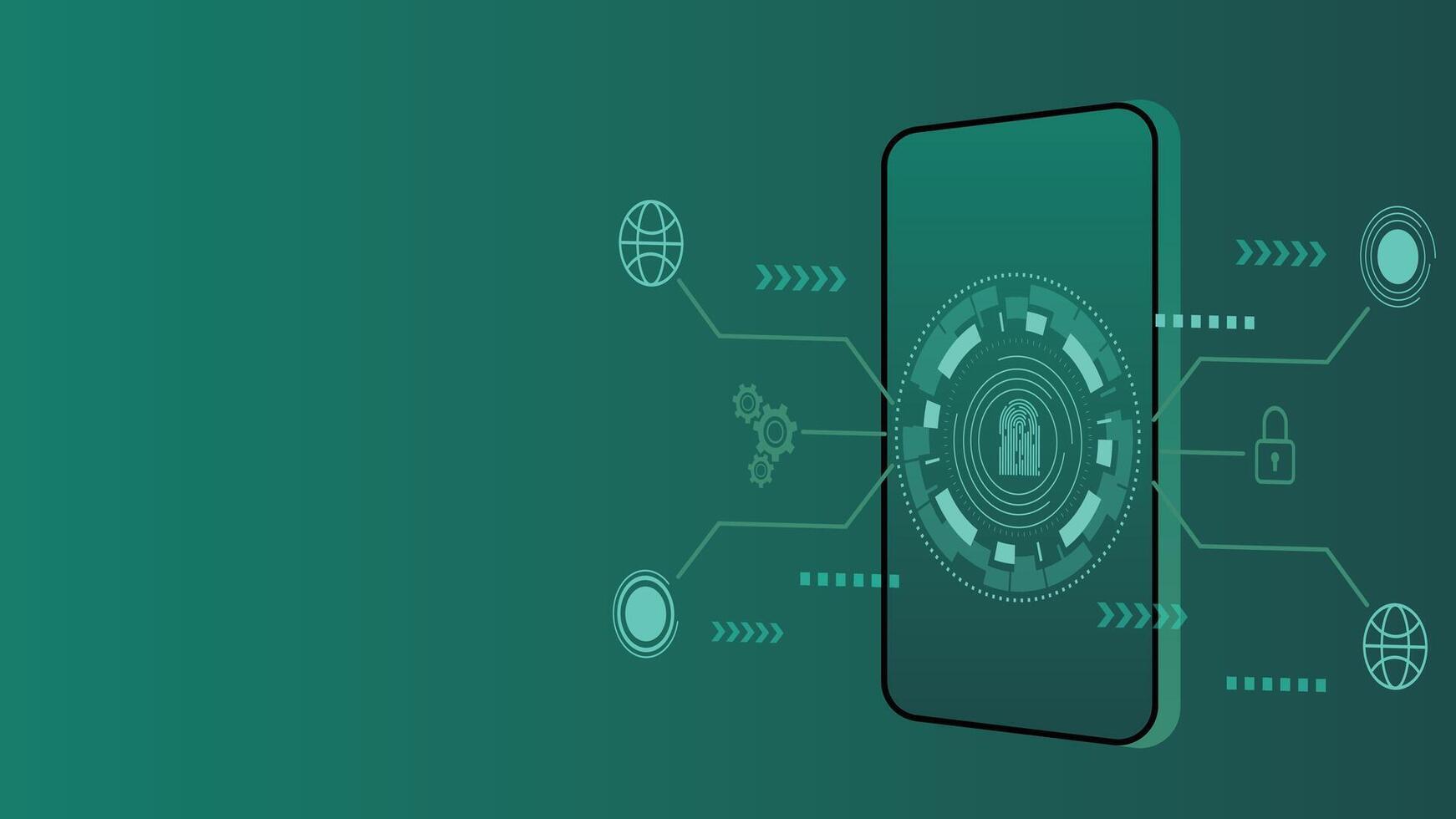 Futuristic smartphone security background showing fingerprint authentication, cyber data protection, and digital technology, ideal for privacy, access control, and online safety concepts vector