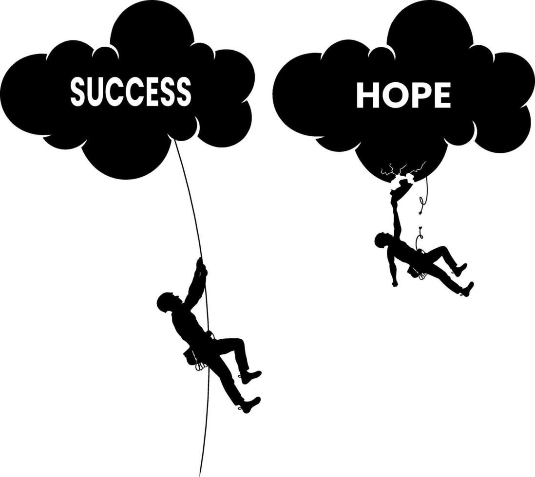 The reality check.One climber steadily ascends toward Success, while another falls from a storm cloud of Hope, illustrating that ambition often meets unexpected failure, rejection, or misfortune. vector